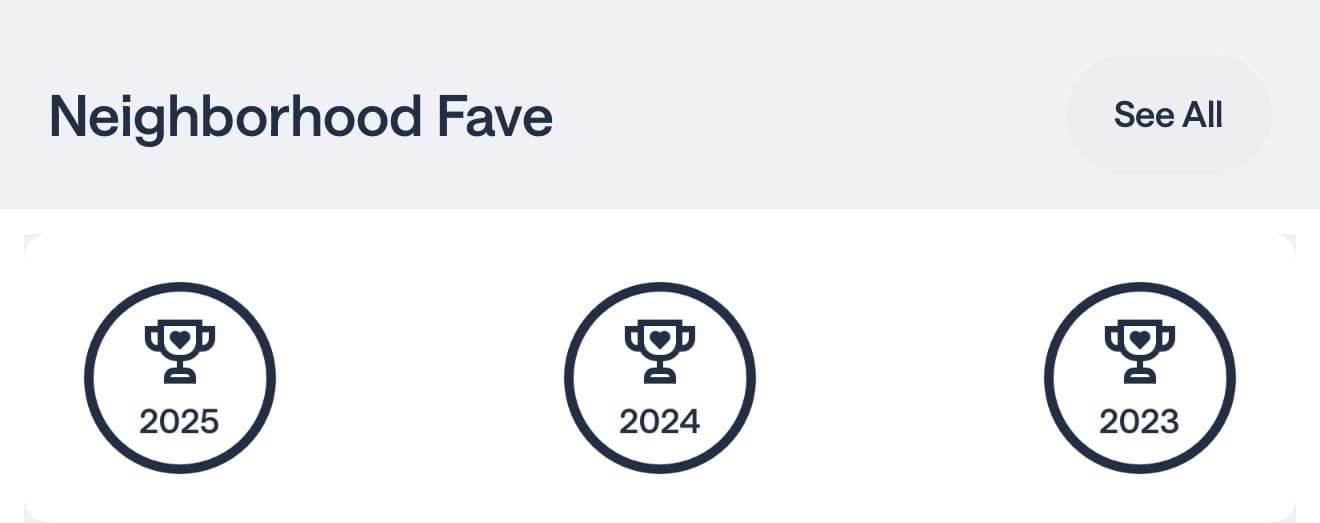 Nextdoor Neighborhood Fave badges for 2025, 2024, and 2023